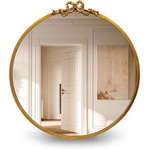 Vintage Round Gold Wall Mirror Bathroom Vanity Mirrors Decorative Antique Metal Ornate Circle Mirror, Baroque Home Bow Decor for Dressing Table,Bedroom,Living Room,Hallway (21.1"L x 19.7"W)
