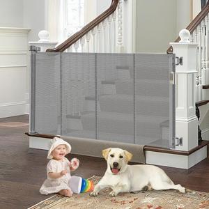 Reinforced Retractable Dog Gate for Stairs with Support Rods, Extends up to 55" Wide, Adjustable Latches for Stairway Banister to Wall Child Gate, Ideal for Kids or Pets (Gray)