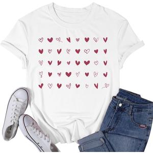 Valentines Day Shirt for Women Valentine T-Shirts Red Love Heart Sketch Tee Tops (White, S)