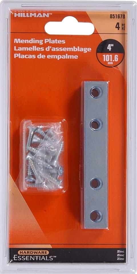 Hardware Essentials 851678 Mending Plates, Zinc, 4" x 5/8" - 4 Pieces