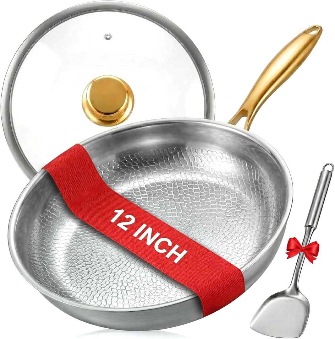 12" Titanium Pans for Cooking | Food-Grade Pure Titanium Frying Pan Pro with Lid & Spatula | PFAS/PFOA/PTFE Free Nonstick Cookware | Dishwasher & Oven Safe, Kitchen Induction Compatible