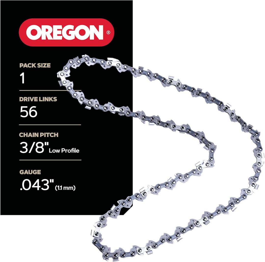Oregon Chainsaw Chain 3/8" LP Pitch, .043" (1.1 mm) Gauge for 16" (40cm) Bar, 56 Drive Links  Low-kickback Replacement Saw Chain, Fits Greenworks, Makita, Ego, Dewalt and more