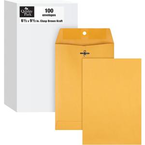 Quality Park 6-1/2 x 9-1/2 Clasp Envelopes, Clasp and Gummed Closures for Storing or Mailing, Heavy-Duty 32 lb Kraft Paper, 100 Per Box (QUA37763)