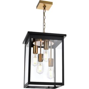 TODOLUZ Outdoor Pendant Light Fixtures, 4-Lights Large Outdoor Ceiling Hanging Lanterns in Black & Brushed Brass, Farmhouse Exterior Chandelier for Front Door Entry Patio