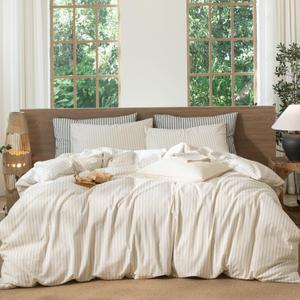 MooMee Gingham Duvet Cover Set 100% Washed Cotton Linen Like Textured Breathable Durable Soft Comfy Modern Checkered Design (Almond Milk Grey Classic Stripes, King 104"x90")