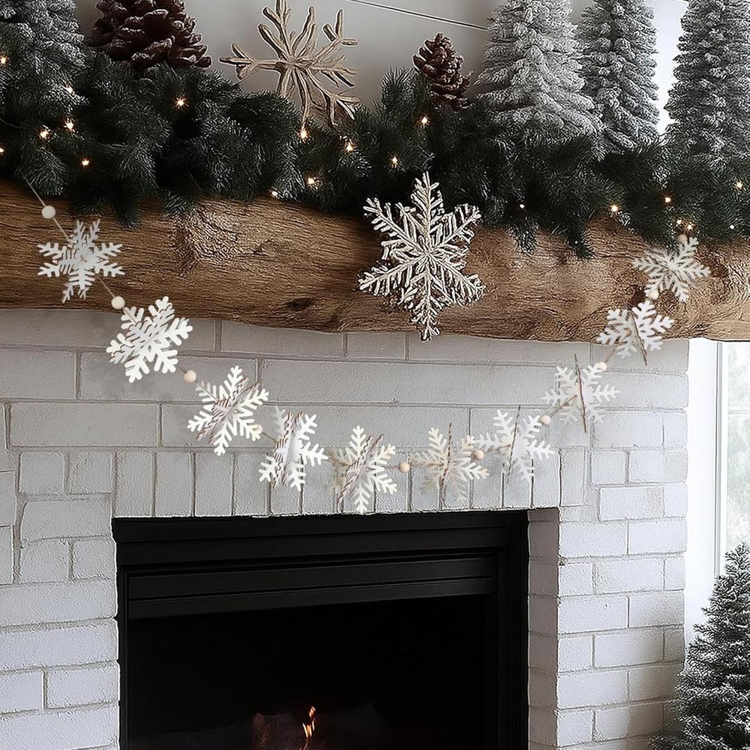 Glitter Christmas Wooden Snowflake Garland Banner Rustic Winter Garland Snow Banner Christmas Winter Themed Party Decorations Supplies for Xmas Tree Home Mantel Fireplace Window Decorations