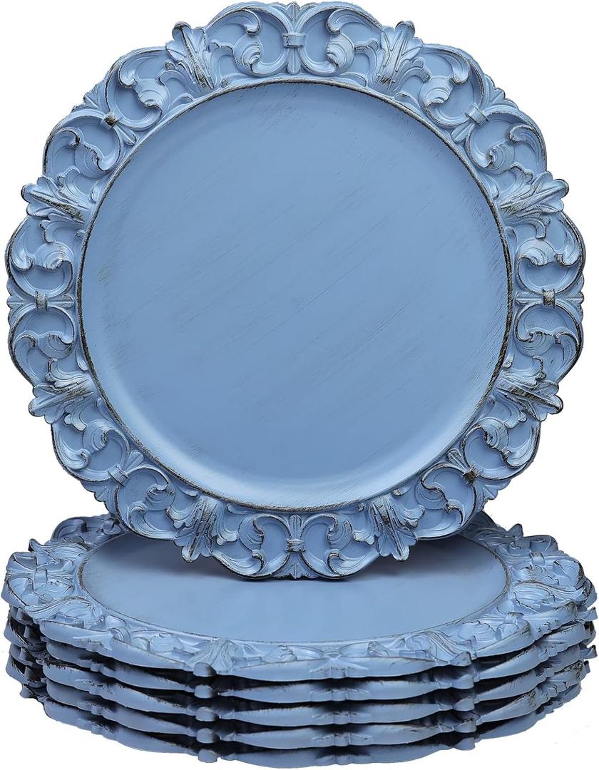 Leemxiiny 13" Antique Blue Charger Plates, Set of 6 Plastic Textured Chargers for Dinner Plates with Embossed Rim, Table Dcor, Party, Wedding, Holiday (FD04BL)