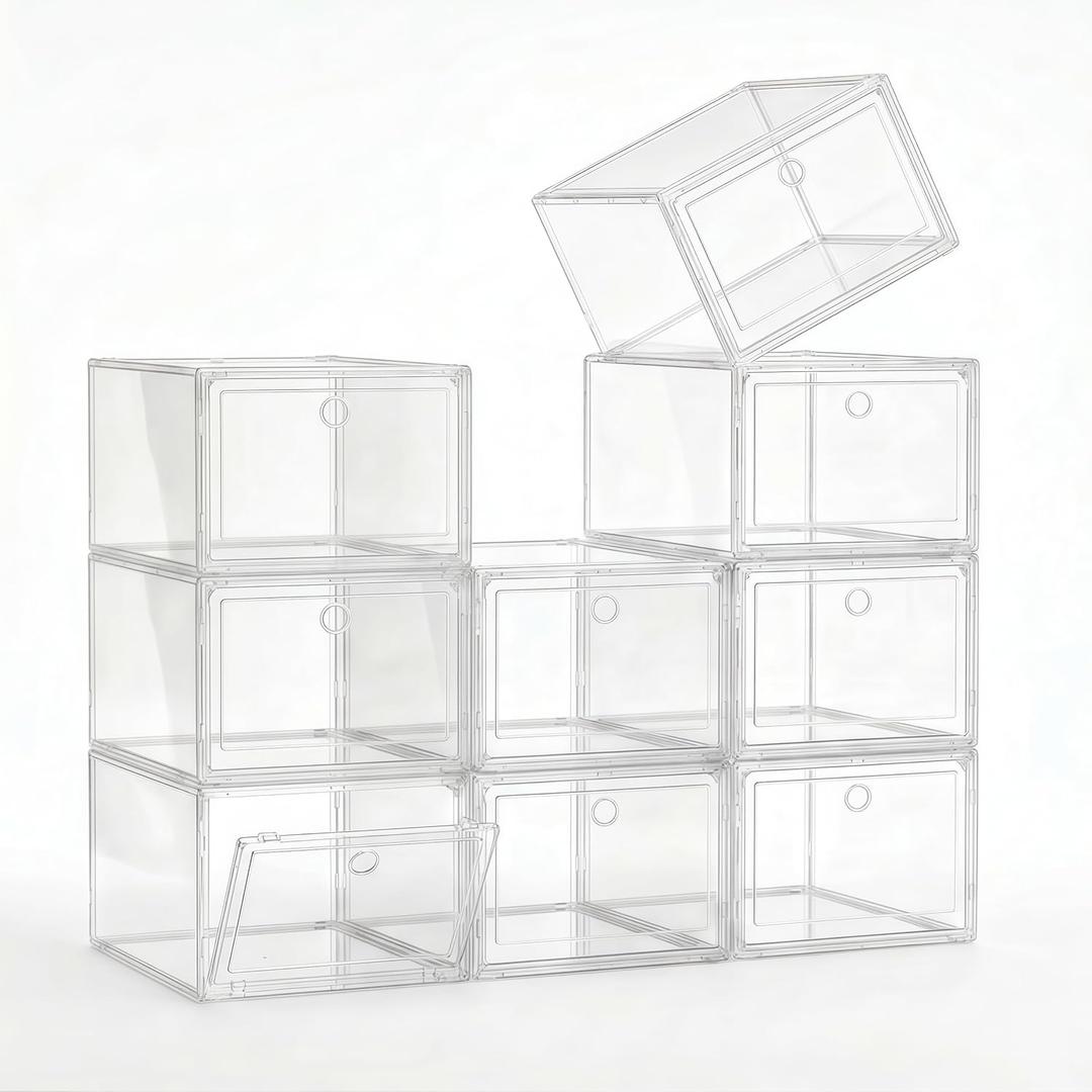 Clear Shoe Storage Boxes 9 Pack, Stackable Bins with Magnetic Doors | Thickened clear plastic folds flat when unused, while front-opening doors provide quick access in closets or entryways.