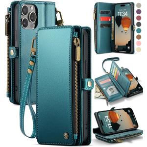Defencase Compatible with iPhone 14 Pro Max Case Wallet with RFID Blocking Card Holder for Women Men, PU Leather Magnetic Snap Flip Zipper Strap Wallet Phone Case Fit for iPhone 14 Pro Max, Blue Green