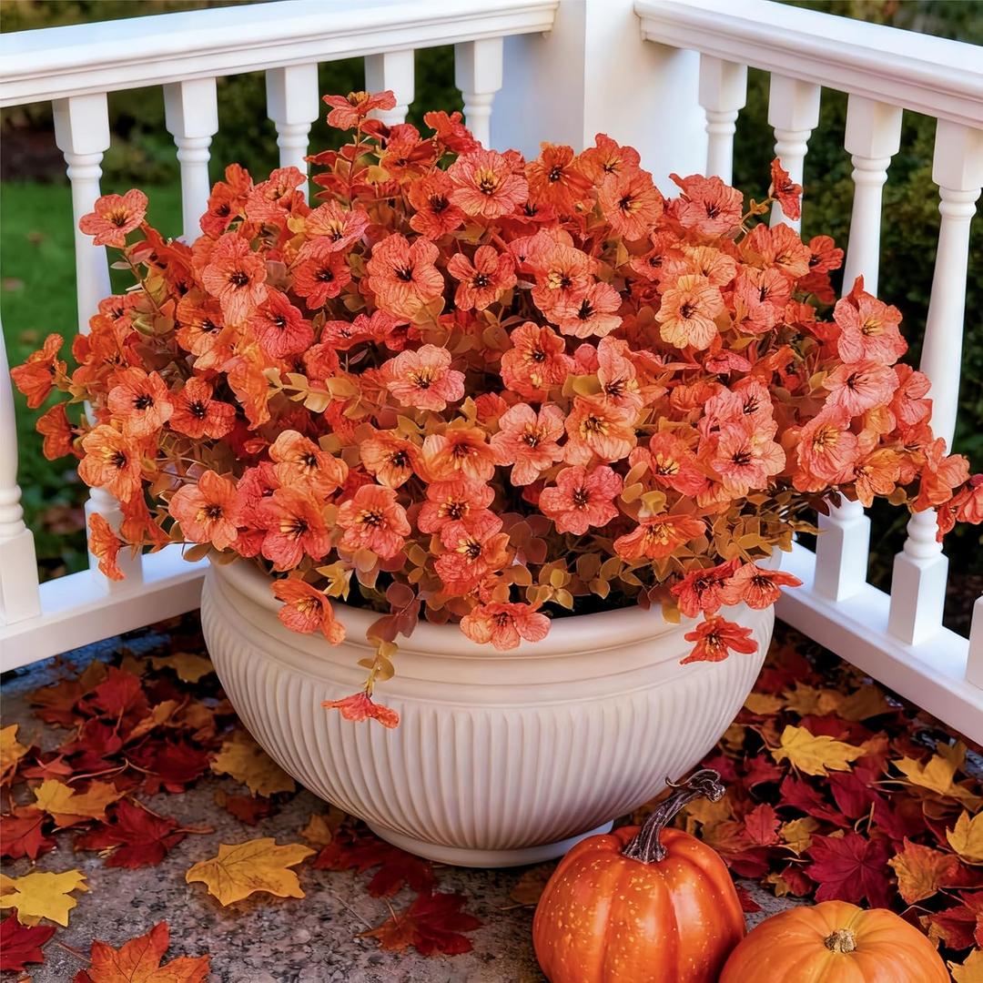 Geegoods Fall Flowers Artificial Mums for Outdoors, 20 Bundles UV Resistant Silk Fake Daisy with Eucalyptus Leaves No Fade Greenery for Porch Patio Garden Front Door Fall Decoration(Orange)