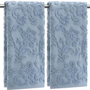 SmoothNovelty 2 Pcs Quality Floral Jacquard Hand Towels Set for Bathroom Blue Hand Towels 100% Cotton Absorbent Decorative Weave Bath Decor Neutral Bathroom Decor Gift, 13.7 x 29.5 Inch