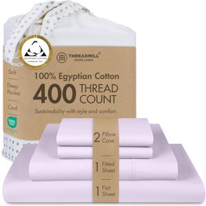 Threadmill Egyptian Cotton Queen Sheet Set | 100% Certified Egyptian Cotton Sheets for Queen Size Bed | Queen Bed Sheets Set with Snug Fit 16" Deep Pocket | Soft Cooling Sateen Bedding Set | Lilac