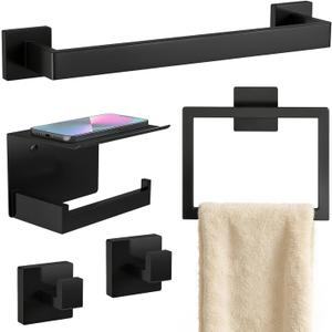 Matte Black Bathroom Accessories Hardware Set 5-Piece, Stainless Steel Towel Racks for Bathroom, 16 Inch Bath Towel Bar Set Wall Mounted