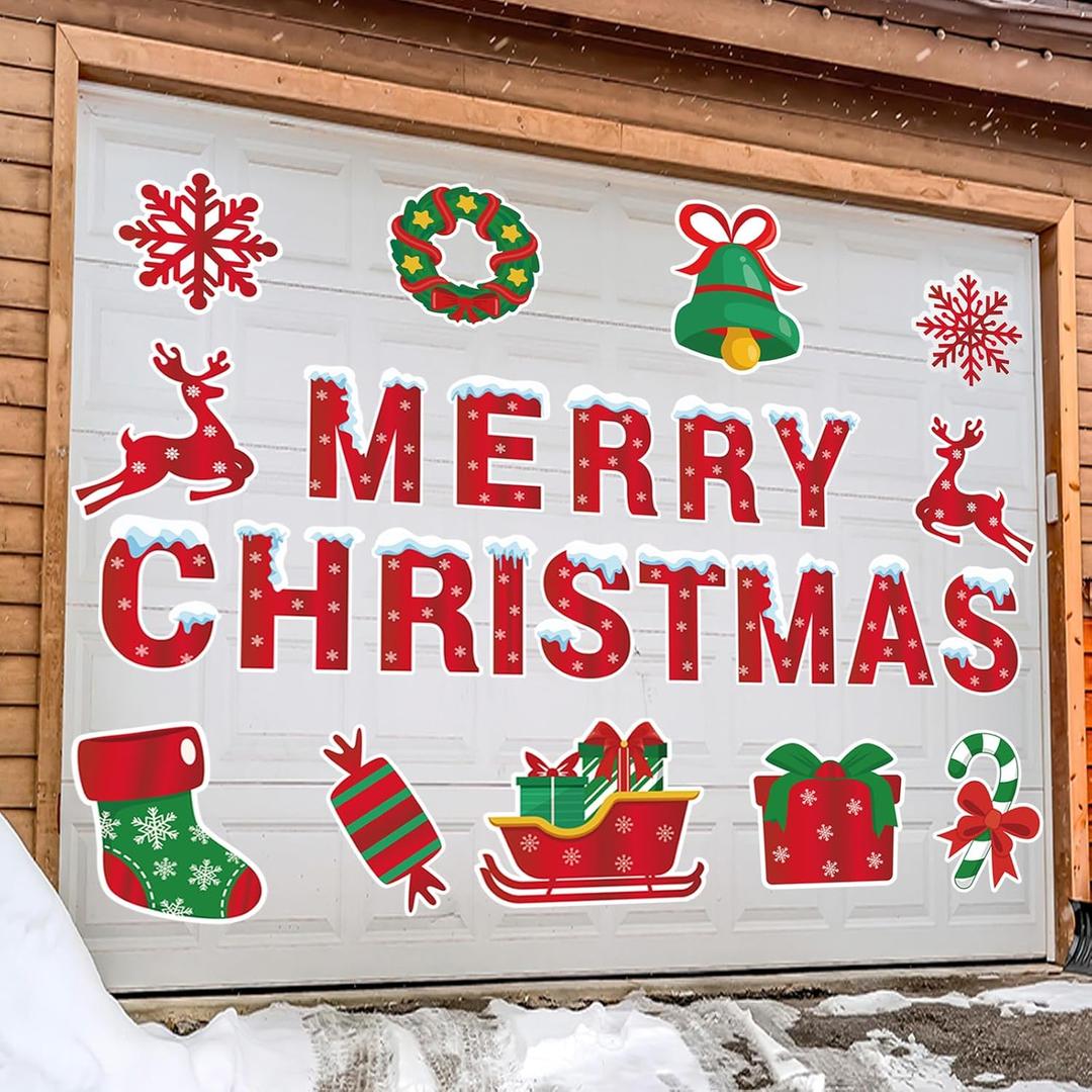 Christmas Garage Door Decorations Magnets - 9" Merry Christmas Magnetic Decorations for Garage Doors, Metal Surface, Refrigerator, Car, Dishwasher - Large Christmas Pattern Magnets Decals