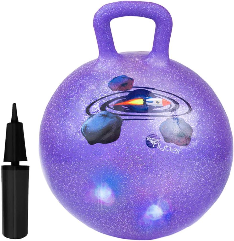 Flybar Hopper Ball for Kids, Inflatable Bouncy Ride-On Ball w/Handle for Indoor & Outdoor Active Play, Includes Pump, Jump Ball Toy for Boys & Girls, Supports Up to 165 lbs, Ages 3+, 18-Inch, Small (Rocket Led Purple)
