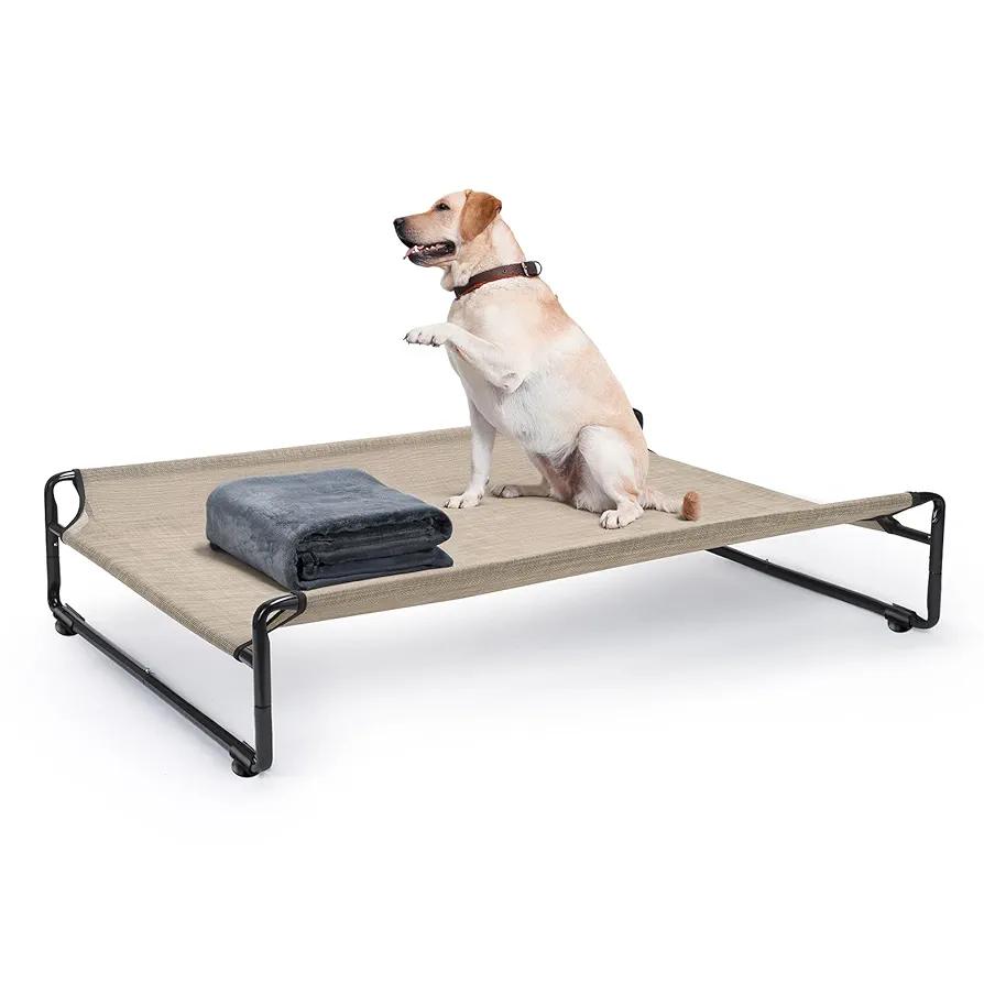 Veehoo Large Elevated Dog Bed with Flannel Dog Blanket, Outdoor Guardrail Raised Pet Cot for Extra Large Dogs, Anti-Slip Camping Hammock Bed, Breathable Teslin Mesh Fabric, XL, CWC2201B