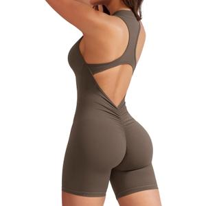 YEOREO Jumpsuits for Women Zip Up Workout Backless One Piece Tummy Control Sleeveless Emma Sexy Yoga Bodysuits (Coffee), XL
