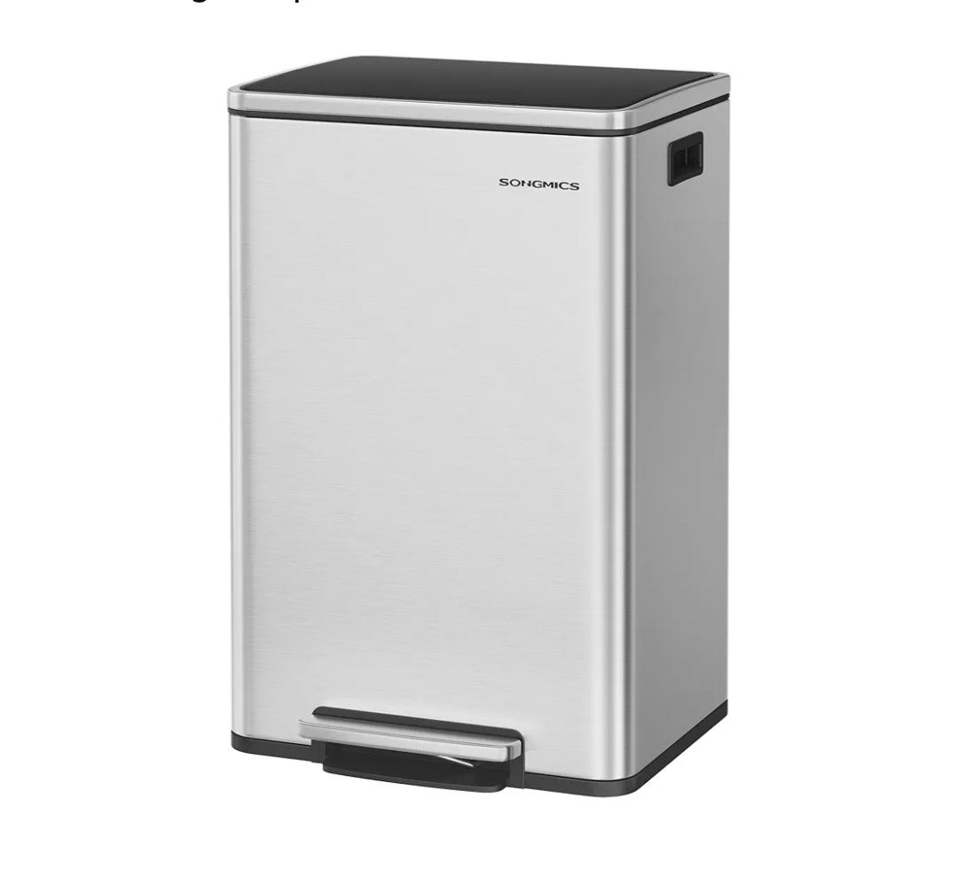 SONGMICS Trash Can, 13-Gallon Gabbage Can, with 15 Trash Bags, Steel, with Soft-Close Lid, Removable Inner Bucket, Handles, Silver ULTB595E01V1