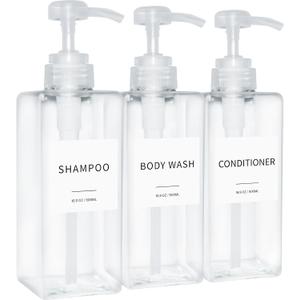 Shampoo and Conditioner Dispenser, Refillable Plastic Shampoo Pump Bottles with Waterproof Labels, Empty Body Wash Dispenser Set for Bathroom, Shower Soap Bottles (Clear, Set of 3, 16.9oz)