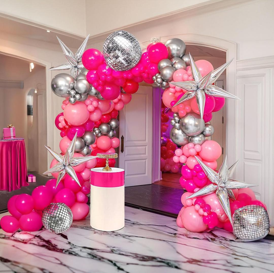 Hot Pink and Silver Disco Balloon Arch Garland Kit 150pcs with Disco Ball Star Mylar Balloon for Back to 80s 90s DiscoTheme Prom Women 30th Birthday Last Rodeo Bachelorette Party Decorations