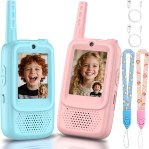 Video Walkie Talkies for Kids, 2 Pack Rechargeable Walkie Talkies with Screen, Long Range 2 Way Radio with 4 Voice Effects, Christmas Birthday Gifts for Age 3-12 Boys Girls Indoor/Outdoor/camping