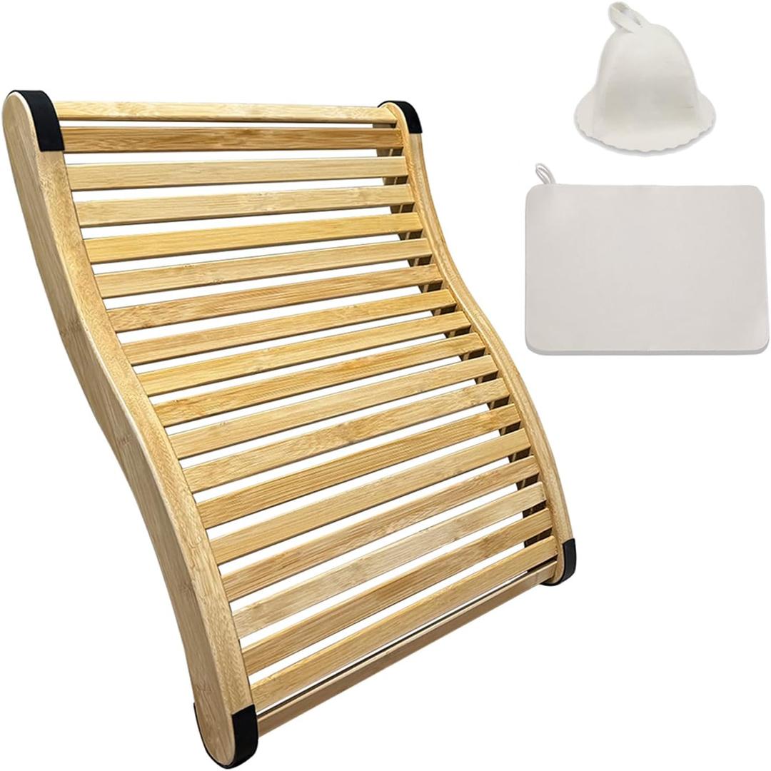 Natural Bamboo Sauna Backrest, Cooler and More Flexible Than Wood, Complete with a Sauna Hat and a Seat Pad, Features Anti-Slip Rubber Pad. Sauna Accessory Set. (1 Pack)