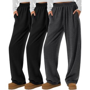 Neer 3 Pack Womens Wide Leg Sweatpants Elastic High Waisted Baggy Long Pant Casual Lounge Yoga Drawstring Jogger with Pockets (X-Large, Black, Black, Dark Mixed Gray)