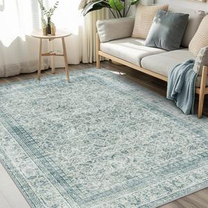 Area Rugs for Living Room 6x9 Machine Washable Rug, Boho Vintage Retro Floral Carpet for Bedroom Dining Room, Low Pile Lightweight Non Slip Rug, Blue