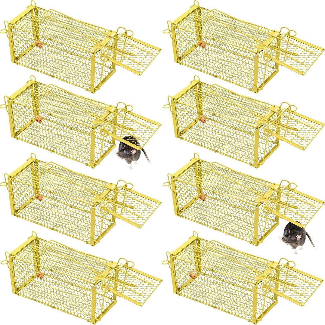 Qualirey 8 Pcs Humane Rat Trap Chipmunk Squirrel Cage Trap 4.33 x 4.33 x 9.06 Inches Foldable Rodent for Small Live Animal Voles Hamsters Catch and Release for Kitchen Yard Garage (Yellow)