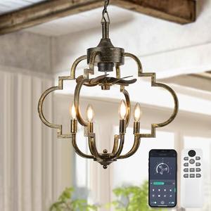 LVYEAYOU Chandelier Ceiling Fan, 23" Rustic Fandelier Ceiling Fan with Light, 4-Metal Rod Geometric Lantern Design, Vintage Hanging Ceiling Fans for Bedroom, Dining Room, Kitchen-Black Gold