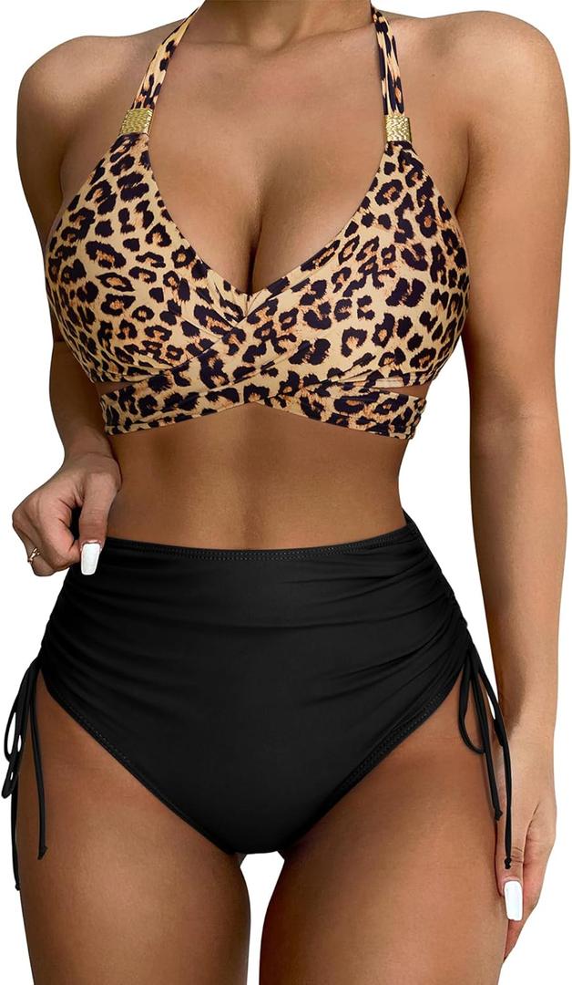 SUUKSESS Womens High Waisted Bikini Sets Tummy Control Drawstring Tie Knot Swimsuit (Medium, Black Leopard)