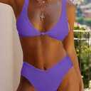 Bikini Set for Women Solid V Neck Knot Front Push Up High Leg Thong Two Piece Swimsuit S