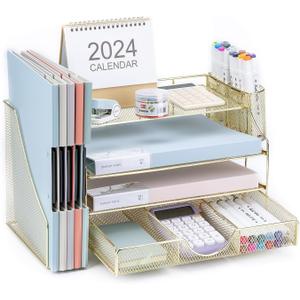 Desk Organizer with File Holder, 4-Tier Letter Paper Tray Organizer with Drawer and 2 Pen Holder, Mesh File Organizer and Storage for Office Desk Organization and Accessories - Gold