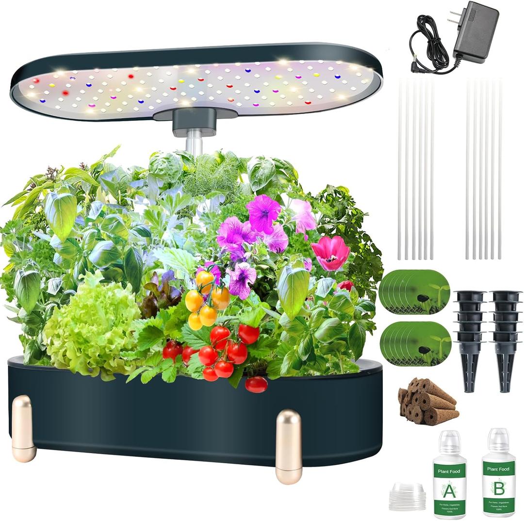 Indoor Garden Hydroponics Growing System, 12 Pods Plant Germination Kit Aeroponic Herb Vegetable Growth Lamp Countertop with LED Grow Light Hydrophonic Planter Grower Automatic Water Circulation (Green)
