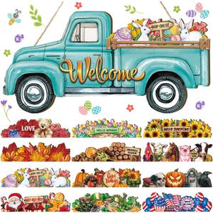 Ferraycle 13 Pcs Interchangeable Welcome Sign Blue Truck Decor Seasonal Hanging Sign Farmhouse Rustic Holiday Door Signs with 12 Holiday Icons for Spring St Patrick's Day Easter