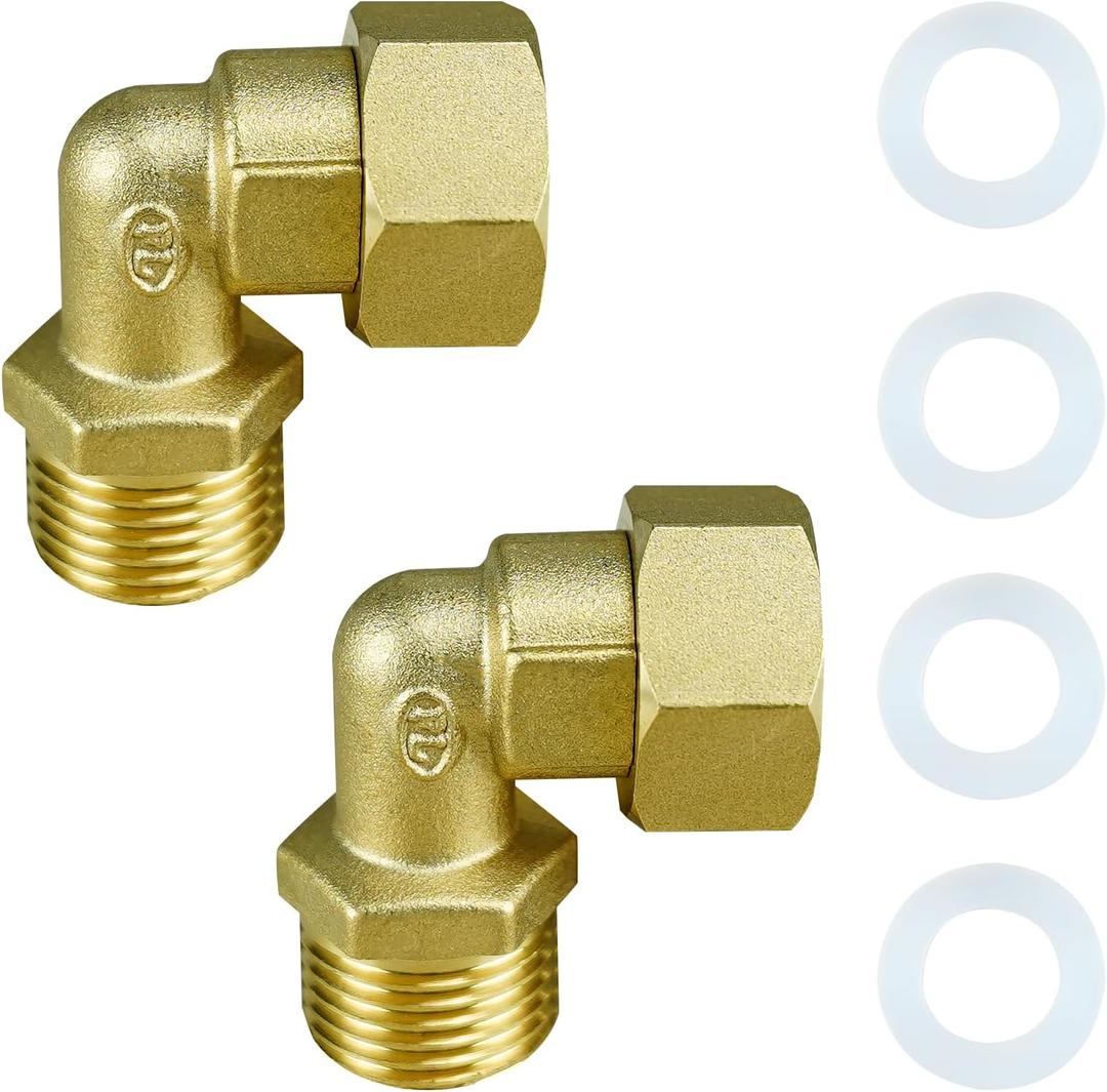 Solid Brass Elbow 1/2" Male to 1/2" Female Connectors 90 Degree With Washers 2 Pieces