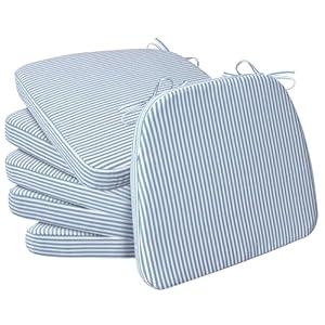 AAAAAcessories D-Shaped Chair Cushions, 2" Thick Dining Chair Pads with Ties and Removable, Machine-Washable Cover, 17" x 16", Set of 6, Pinstripe Blue