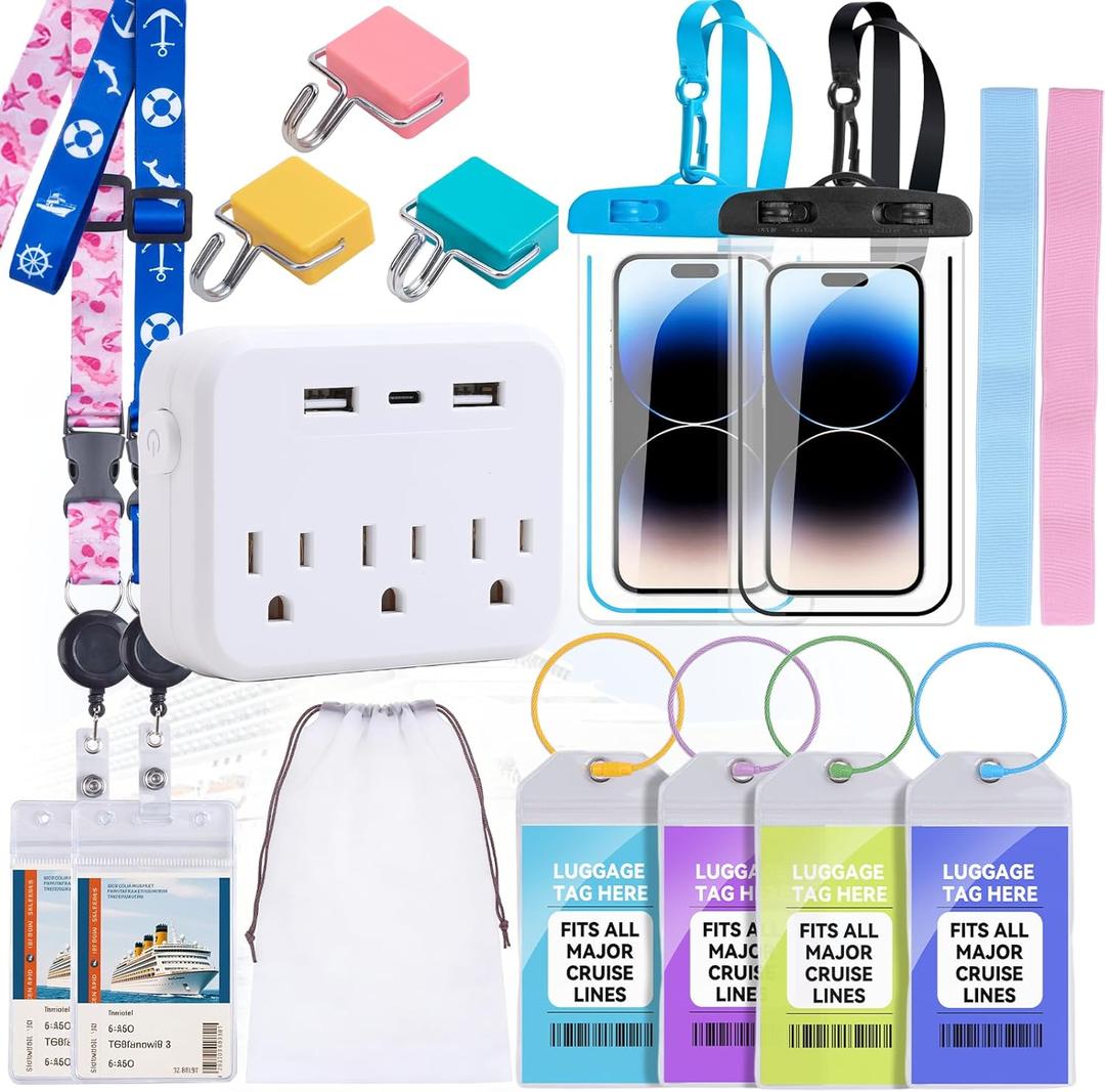 Cruise Essentials 2026, Complete Cruise Must Haves Kit with Non-Surge Power Strip, Retractable Cruise Lanyards, Waterproof Phone Pouch, Magnetic Hook, Luggage Tag, Towel Bands, Storage Bag