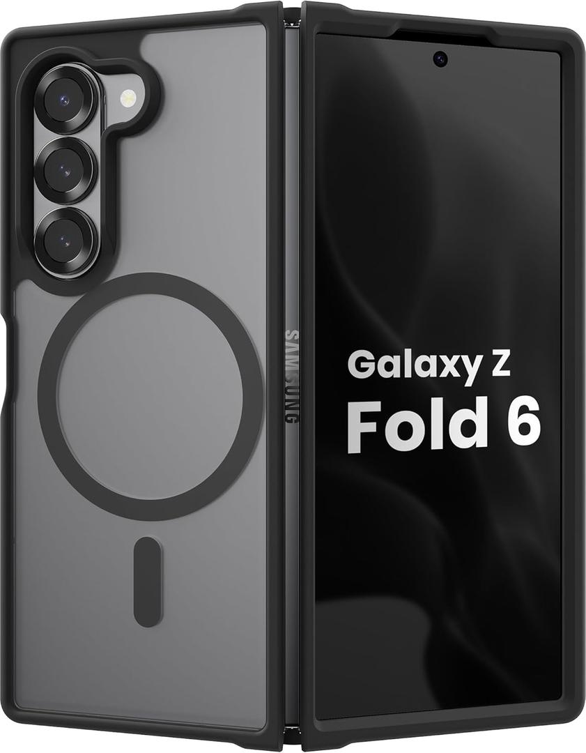 Magnetic Case for Samsung Galaxy Z fold 6 Case, Slim Translucent Matte Phone Cover with Shockproof TPU Frame & Scratch-Resistant PC Back, Strong Magnetic Ring, Black