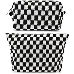 SOIDRAM 2 Pieces Black Makeup Bag Large Checkered Cosmetic Bag Capacity Canvas Mix Travel Toiletry Bag Organizer Cute Makeup Brushes Aesthetic Accessories Storage Bag for Women, Checkered Mix Black