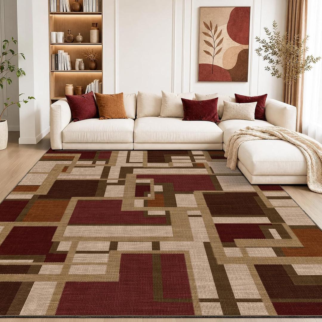 Modern Geometric 8x10 Area Rugs for Living Room, Red Brown Washable Rug