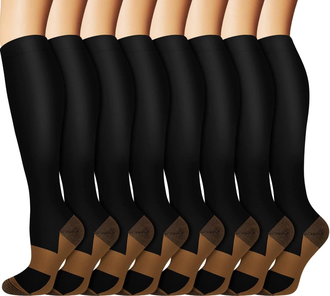Graduated Copper Compression Socks for Men & Women Circulation 8 Pairs 15-20mmHg - Best for Running Athletic Cycling (Large-X-Large, 01 Black)