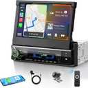 Tonikpms-T 2026 Single Din Car Stereo with Wireless Apple CarPlay & Android Auto, 7-inch HD Motorized Flip-Out Touchscreen Head Unit, Bluetooth 5.1, Type-A Fast Charge, Backup Camera, DSP, AM/FM Radio Receiver