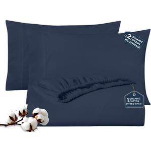 ROYALE LINENS Fitted Sheet with Pillowcases - Queen Fitted Sheets with 2 Pillowcases - 300 Thread Count 100% Organic Cotton - Fits Mattress Up to 18" Deep - Soft & Breathable - Navy (No Flat Sheet)