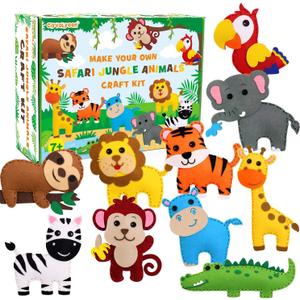 Safari Jungle Animals Sewing Kit Zoo Felt Animal DIY Crafts for Girls and Boys Educational Nursery Sewing for Kids Art Craft Kits for Beginners Set of 10