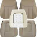 GXARTS Perforated Tan Driver and Passenger Side Bottom & Top Lean Back Replacement Leather Seat Cover & Driver Foam Cushion Pad Compatible with Ford F150 2009 2010 2011 2012 2013 2014
