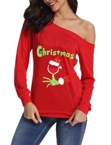 Kocowoo Women's Sexy Off Shoulder Christmas Print T-Shirt Long Sleeve Holiday Merry Xmas Tunic Tops, Size: XXL