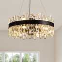 CROSSIO 12-Light Modern Crystal Chandelier for Dining Room, Black Round Flush Mount Ceiling Light, Luxury 2-Tiers K9 Crystal Raindrop Chandelier for Living Room Entryway Foyer Bathroom D23.6''