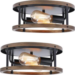 2 Pack Farmhouse Retro Style Ceiling Light Fixtures, Super Bright E26 Base, Anti-Corrosion Imitation Wood, and Black Flush Mount Ceiling Light for Hallway, Kitchen, Entryway, Porch, Living Room, etc.