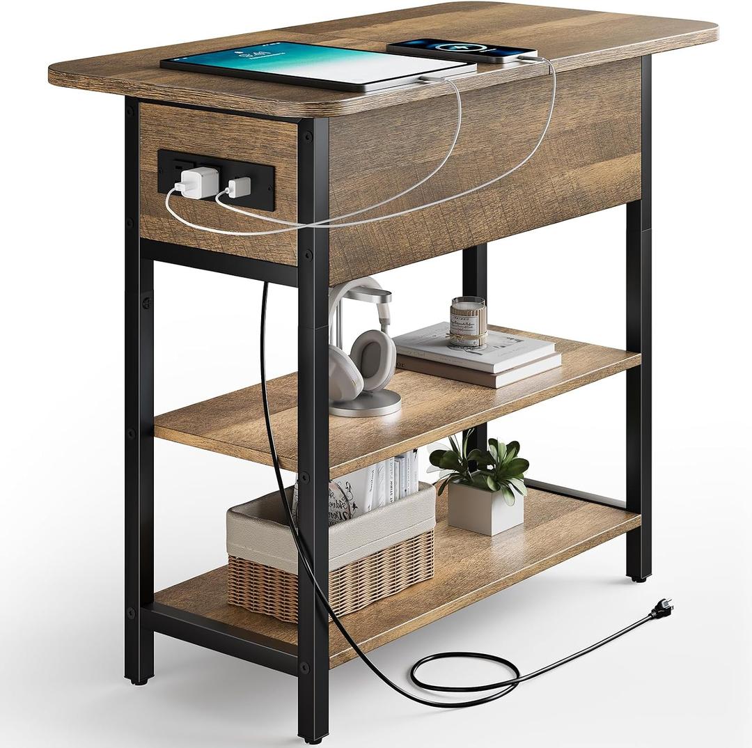 Yoobure End Table with Charging Station, Flip Top Side Table with USB Ports and Outlets, Sofa Couch Table Bedside Table for Living Room Bedroom, Narrow Nightstand with Storage Shelves for Small Space, 23.6" x 11.8" x 23.8"